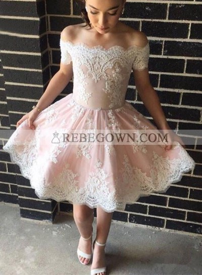 A-Line Off-the-Shoulder Appliques Short Pearl Pink Homecoming Dress 2023