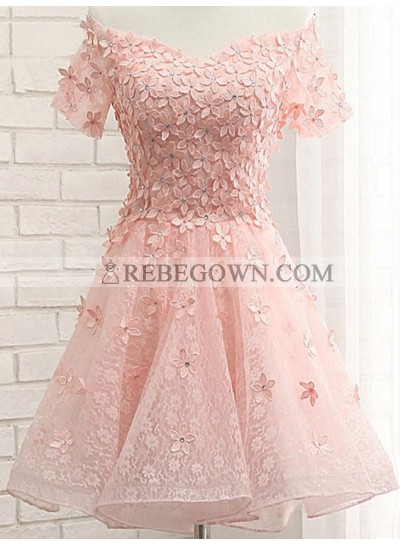 A-Line Off-the-Shoulder Appliques Short Coral Lace Homecoming Dress 2023