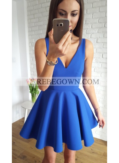 A-Line V-Neck Short Royal Blue Homecoming Dress 2023 with Ruched