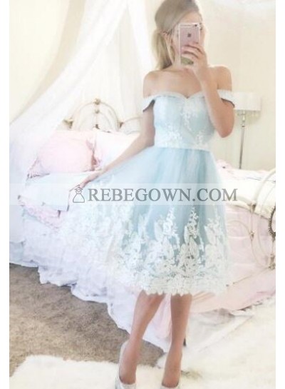 A-Line Off-the-Shoulder Short Blue Homecoming Dress 2023 with Appliques