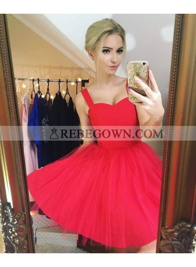 A-Line Straps Sleeveless Short Red Tulle Homecoming Dress 2023 