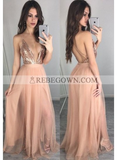 Princess/A-Line Tulle Deep V Sequence Prom Dresses