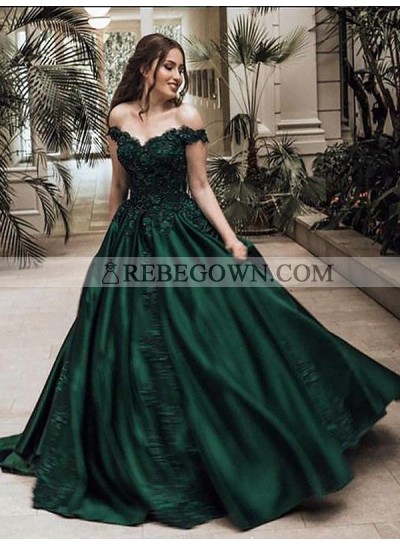 2023 Classic Satin Dark Green Off Shoulder Sweetheart Ball Gown Prom Dress