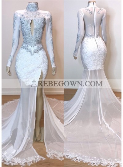 2023 White Long Sleeve High Neck Lace and Tulle Side Slit Mermaid  Prom Dresses