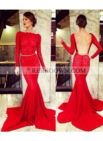 2023 Gorgeous Red Bateau Neck Long Sleeve Mermaid Lace Prom Dresses