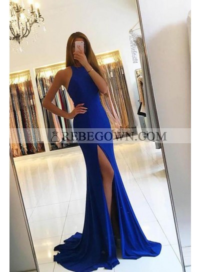 2023 Sexy Royal Blue Satin Side Slit Prom Dresses