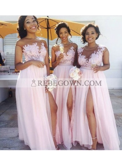 2023 Chiffon A Line Pink Side Slit Long Bridesmaid Dresses With Appliques
