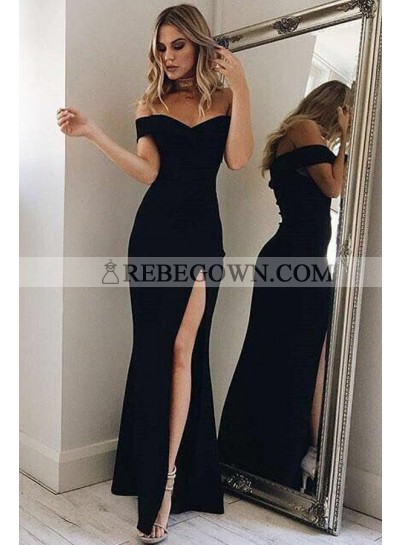 2023 Sexy Black Off The Shoulder Satin Prom Dresses