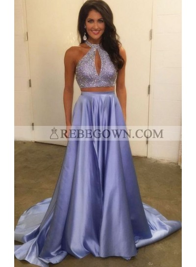 2023 Siren Princess/A-Line Satin Two Pieces Blue Prom Dresses