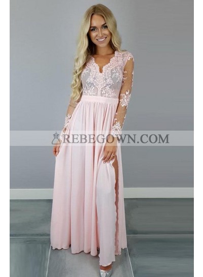 Princess/A-Line Chiffon Pink Long Sleeves Prom Dresses