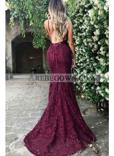 2023 Sexy Burgundy Lace V Backless Prom Dresses