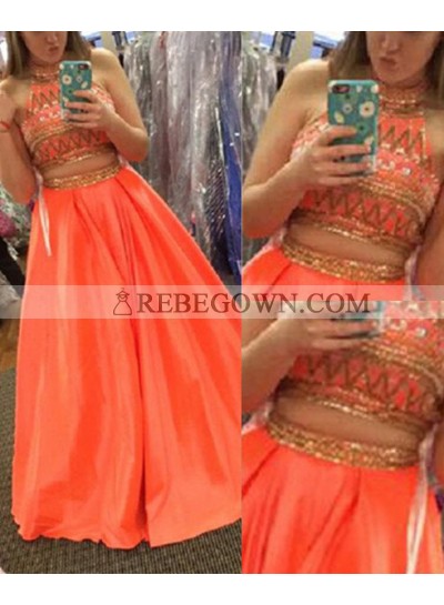Long Floor length A-Line High Neck Beading Two Pieces Satin Prom Dresses