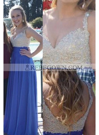 rebe gown 2023 Blue Long Floor length Straps Appliques A-Line Chiffon Prom Dresses