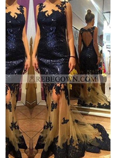 Mermaid Sleeveless Natural Zipper Appliques Tulle Prom Dresses