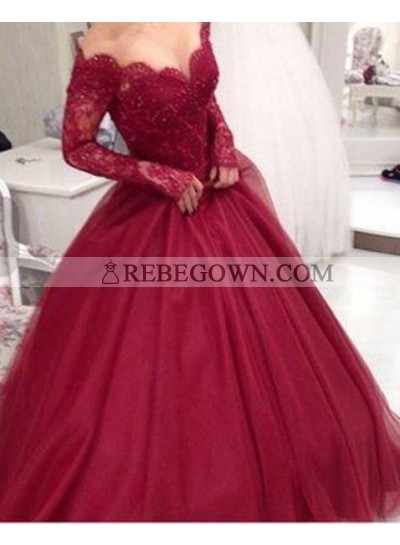 2023 Gorgeous Red A-Line Long Sleeve Natural Lace Long Floor length Tulle Prom Dresses