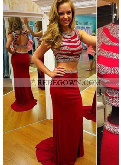 2023 Gorgeous Red Long Floor length Column/Sheath Sequins Stretch Satin Prom Dresses