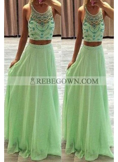 Long Floor length A-Line Beading Two Pieces Chiffon Prom Dresses