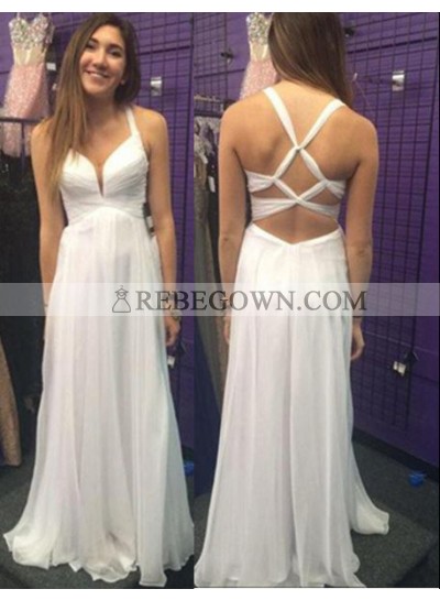 2023 Unique White Straps A-Line Chiffon Prom Dresses