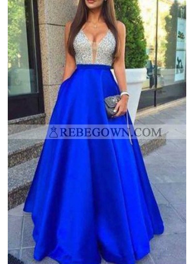 Royal Blue A-Line V-Neck Sleeveless Natural Zipper Long Floor length Satin Prom Dresses