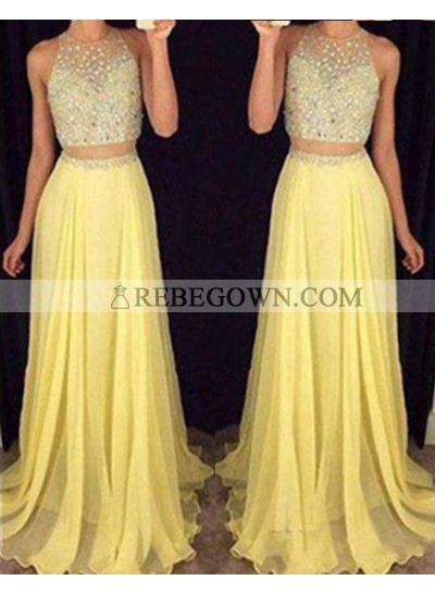 Long Floor length Beading A-Line Two Pieces Chiffon Yellow  Prom Dresses