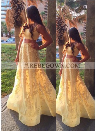 A-Line Sleeveless Natural Appliques Sweep/Brush Train Yellow Prom Dresses