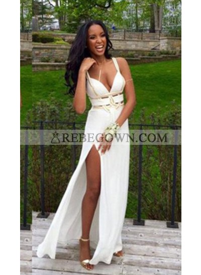2023 Unique White V-Neck Column/Sheath Split Front Chiffon Prom Dresses