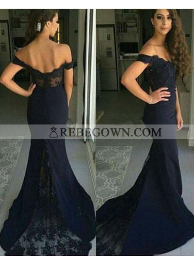rebe gown 2023 Blue Mermaid Off-the-Shoulder Sleeveless Natural Zipper Lace Prom Dresses