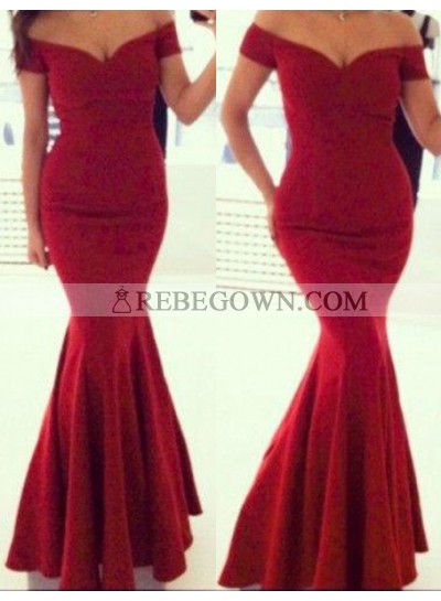 2023 Gorgeous Red Mermaid Off-the-Shoulder Sleeveless Long Floor length Satin Prom Dresses