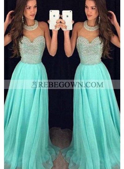 Long Floor length High Neck Beading A-Line Chiffon Prom Dresses