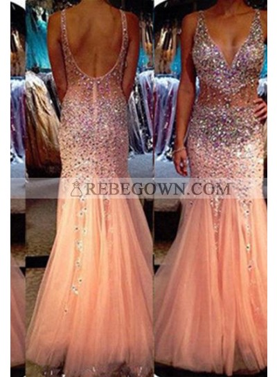 Long Floor length Mermaid Straps Tulle 2023 Glamorous Pink Prom Dresses
