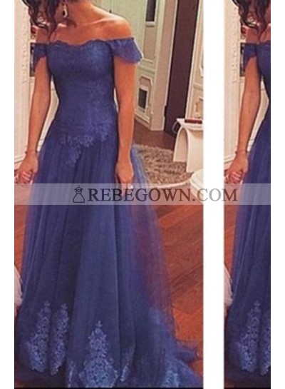 rebe gown 2023 Blue Off-the-Shoulder Natural Short Sleeves Lace Long Floor length Tulle Prom Dresses