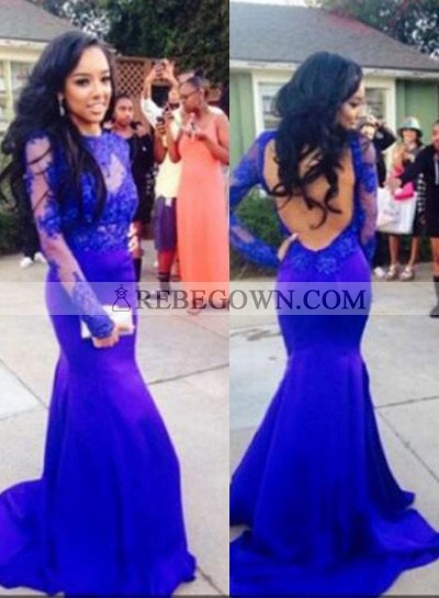 Royal Blue Mermaid  Long Sleeve Backless Satin Prom Dresses
