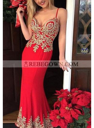 2023 Gorgeous Red Mermaid Spaghetti Straps Sleeveless Natural Zipper Long Floor length Chiffon Prom Dresses
