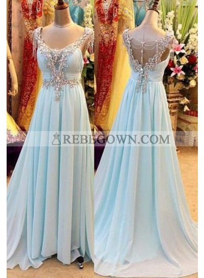 A-Line V-Neck Sleeveless Sweep/Brush Train Chiffon rebe gown 2023 Blue Prom Dresses