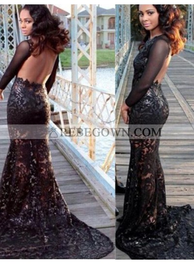 2023 Junoesque Black Long Floor length Mermaid Backless Lace Prom Dresses