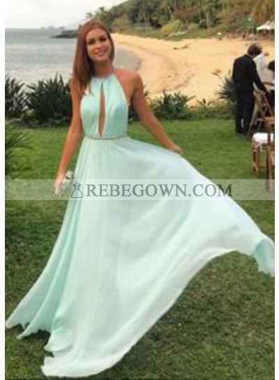 A-Line Halter Sleeveless Natural Backless Chiffon Sage Prom Dresses