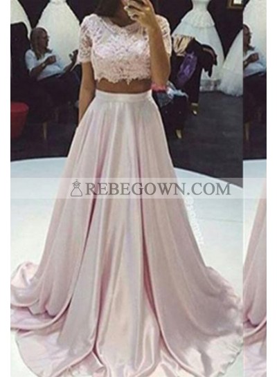 Long Floor length A-Line Lace Two Pieces Taffeta 2023 Glamorous Pink Prom Dresses