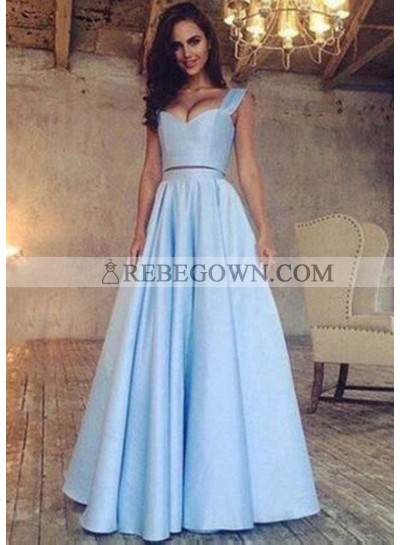 rebe gown 2023 Blue A-Line Sleeveless Natural Long Floor length Satin Prom Dresses