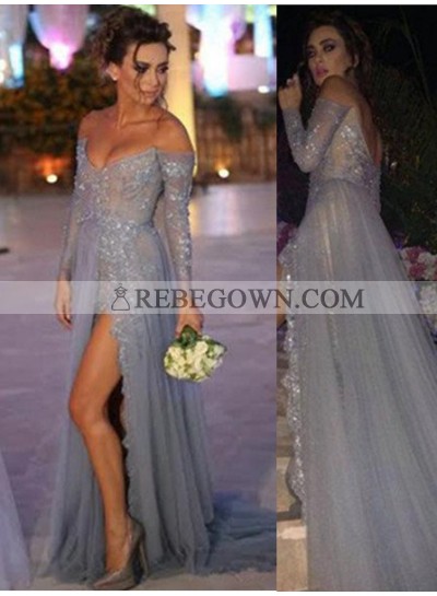 Long Floor length A-Line Beading Off-the-Shoulder Chiffon Silver Prom Dresses