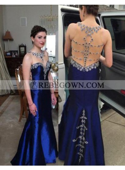 rebe gown 2023 Blue Sheer Back Beading Mermaid Taffeta Prom Dresses