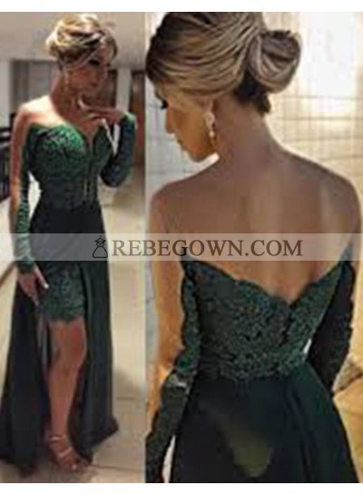 Green Split Front Long Sleeve Long Floor length A-Line Prom Dresses