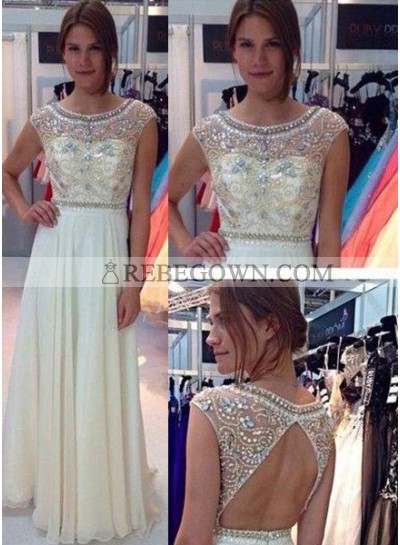 Champagne A-Line Sleeveless Natural Prom Long Floor length Chiffon Prom Dresses