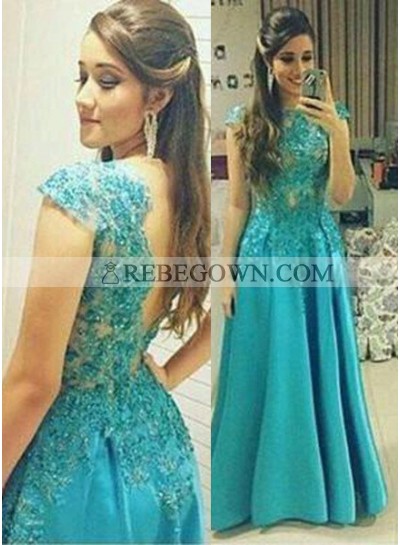 rebe gown 2023 Blue A-Line Natural Appliques Long Floor length Satin Prom Dresses