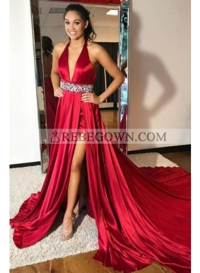 2023 Charming Princess/A-Line Satin Burgundy V Side Slit Prom Dresses