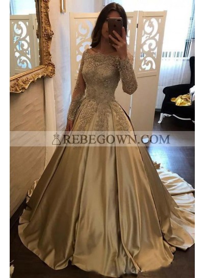 New Princess/A-Line Champagne Long Sleeves Satin Prom Dresses