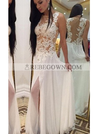 2023 Unique White Split Front Appliques Natural A-Line Chiffon Prom Dresses