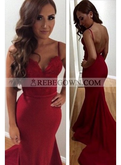 2023 Gorgeous Red Spaghetti Straps Backless Sweep Train Mermaid Chiffon Prom Dresses