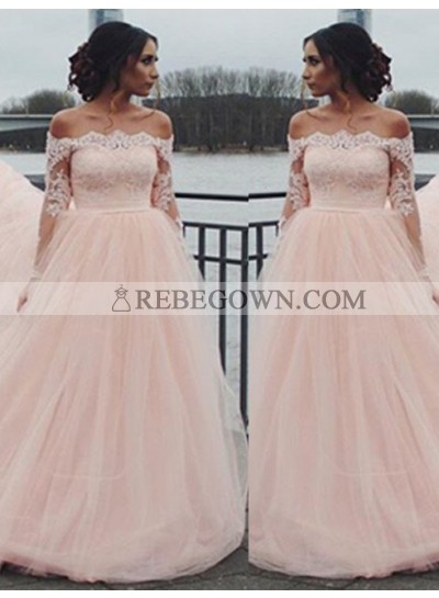 Long Sleeve Off-the-Shoulder Lace A-Line Tulle 2023 Glamorous Pink Prom Dresses