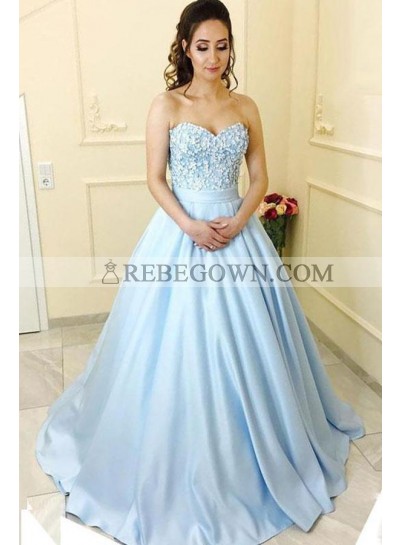 Blue Princess/A-Line Satin Sweetheart Beaded Prom Dresses
