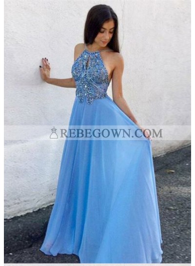 2023 Elegant Princess/A-Line Halter Backless Blue Chiffon Prom Dresses